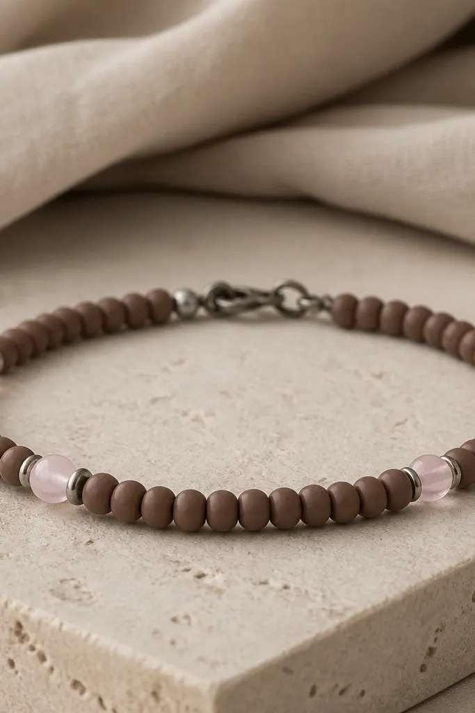 A warm mocha brown clay bracelet with a few rose quartz pink translucent beads. The accents are spaced evenly, and the metal is antique silver or brushed steel.