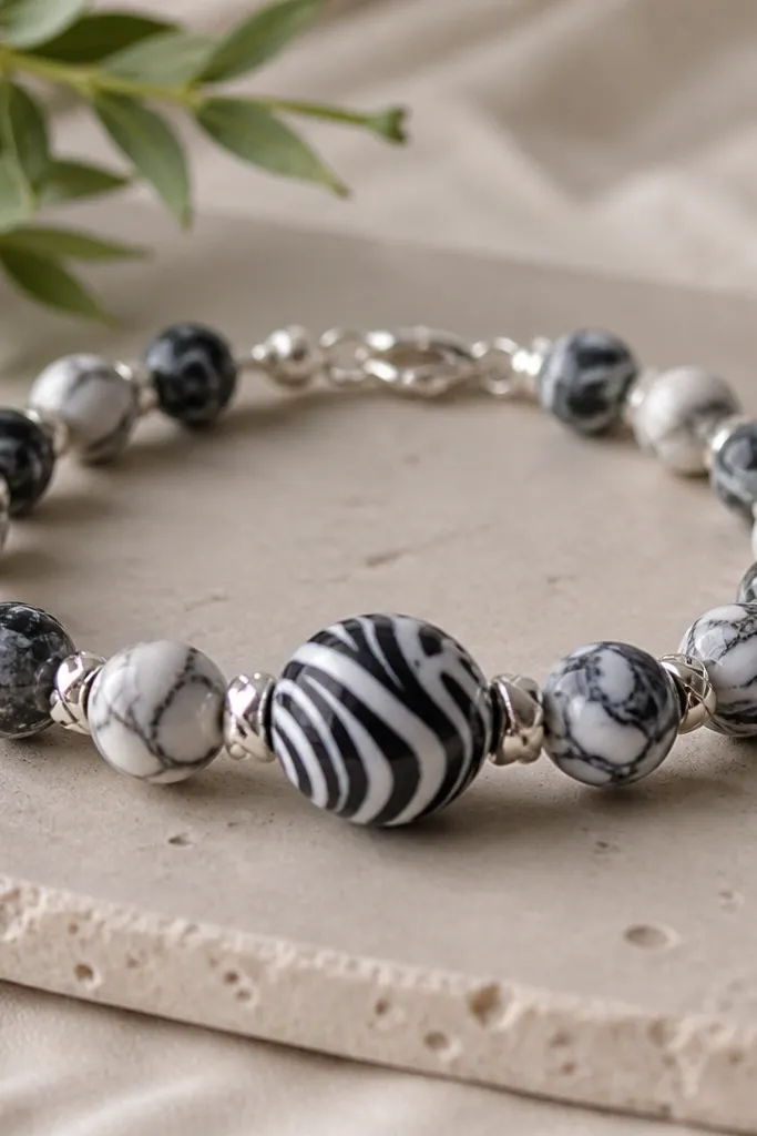 A zebra-style bracelet showing black and white marbled clay beads. Between them are small silver crisscross spacers, and the clasp is silver. The focal bead is larger and more high-contrast.