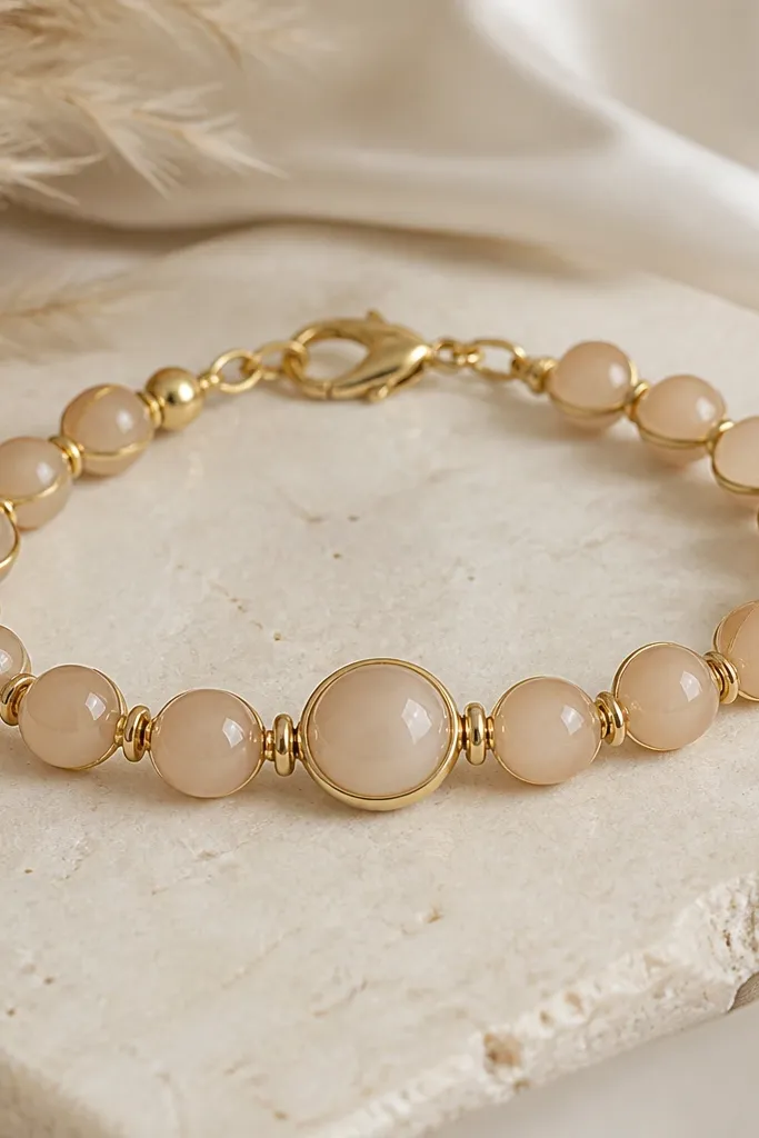 A nude champagne-toned bracelet with beads that have thin gold rims around the edges. The center bead has a slightly larger gold rim, and the rest are smaller with consistent edging. Gold clasp and spacers match.