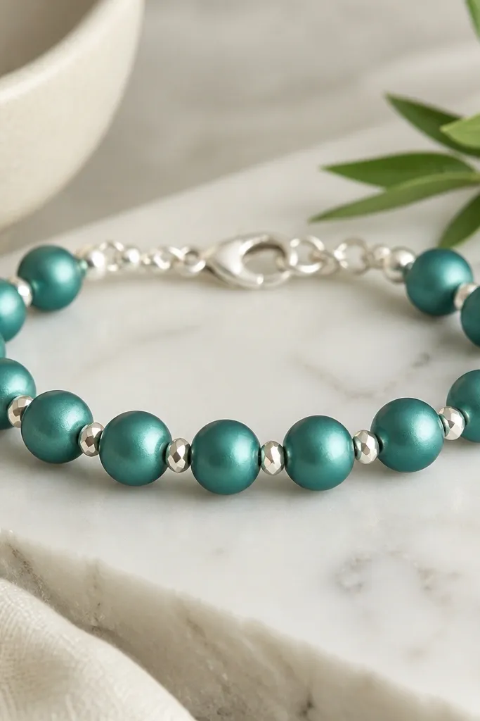 A teal bracelet with satin-finished clay beads and silver faceted spacer beads. The teal beads look slightly pearly, and the clasp is silver.