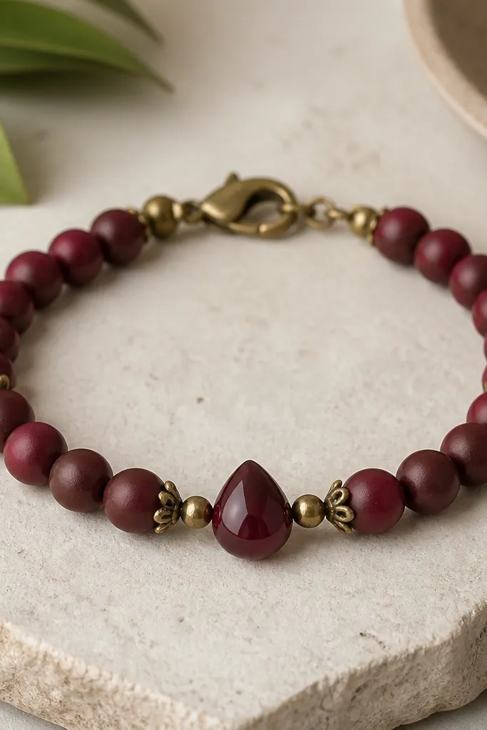 A bracelet with deep red wine clay beads, antique brass bead caps on some beads, and a single centered teardrop bead in a slightly darker shade. The clasp is antique brass.