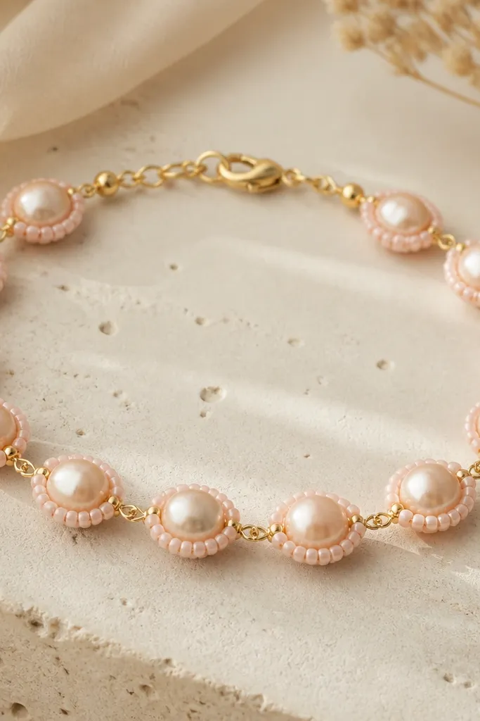A bracelet with champagne pearl clay beads surrounded by small blush pink micro seed beads like a halo. The metal is gold and the clasp is delicate.