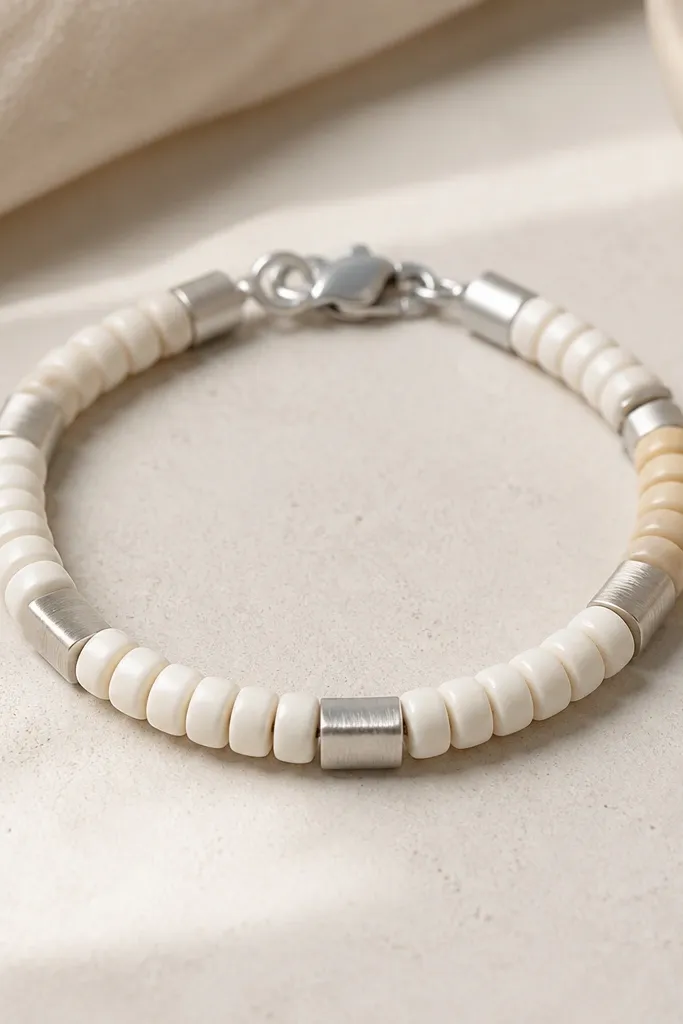 A bracelet using ivory bone clay beads with a few slightly darker ivory beads forming a side gradient. Brushed silver bar spacers run between bead clusters. The clasp is brushed silver.