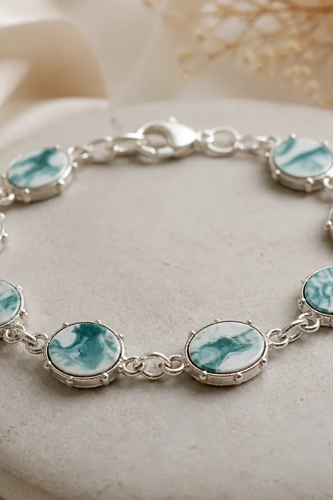 A bracelet with teal watercolor swirl clay beads that look like ink washed into clay. Silver frame-like spacer beads surround the swirls. The clasp is silver and the bracelet looks airy.