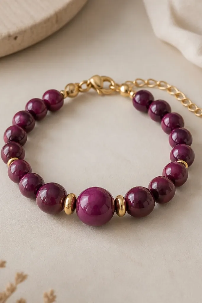 A bracelet in deep plum with glossy clay beads, plus a short gold-filled chain extender at the clasp. The center beads are slightly larger. Gold hardware matches.