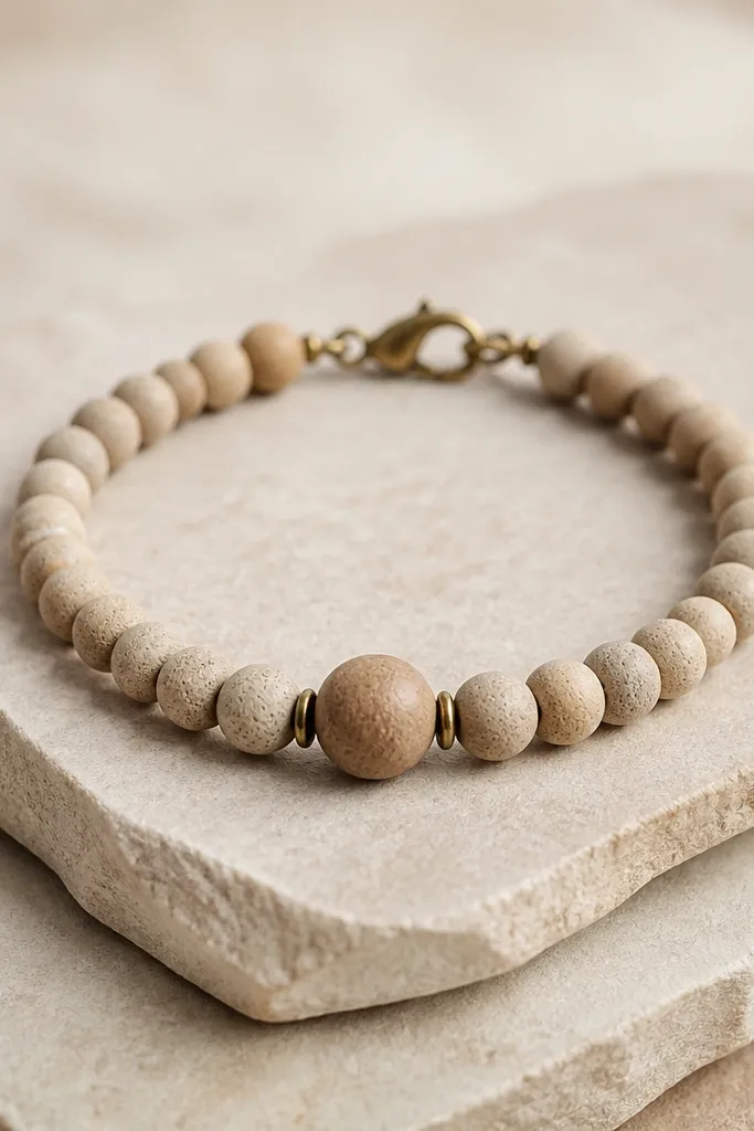 A neutral beige bracelet with sandstone-toned clay beads and tiny brass rivet-like spacers. The center bead is slightly darker beige and the clasp is brass.