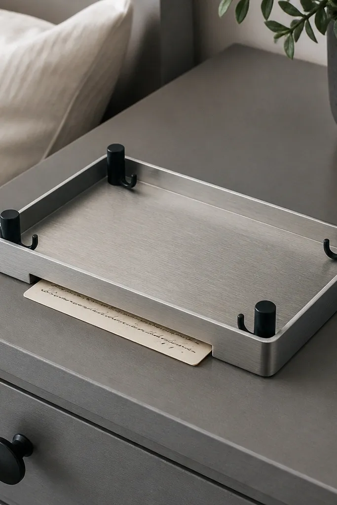 A small rectangular tray on a nightstand with a brushed silver finish. Four matte black key hooks sit at the corners. Under the tray edge, a thin strip of paper with a handwritten quote peeks out through a small slot.