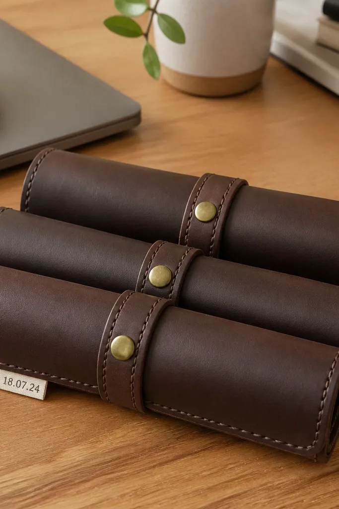 Three rolled cable wraps laid on a desk. Each wrap is made from deep brown faux leather with a thin stitched seam and a small brass snap. A short label tag sits on one wrap with a neat date.