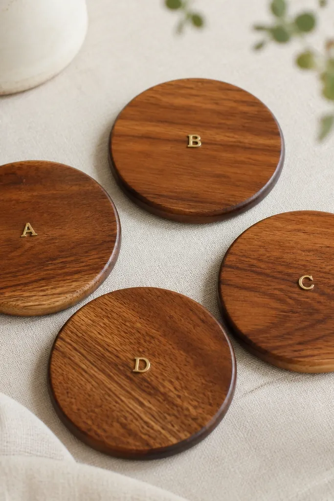 Four round wood coasters with a smooth clear finish. Each has a tiny brass letter placed near the center. The wood grain is visible and the edges are slightly darkened from sealing.