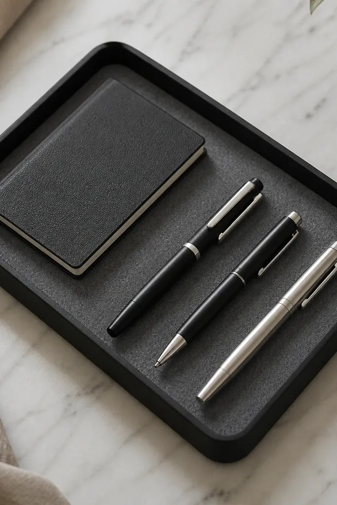 A rectangular pen tray painted matte black with a soft gray felt insert. Pens and a small notebook sit neatly inside. The corners are rounded and the felt looks evenly glued.