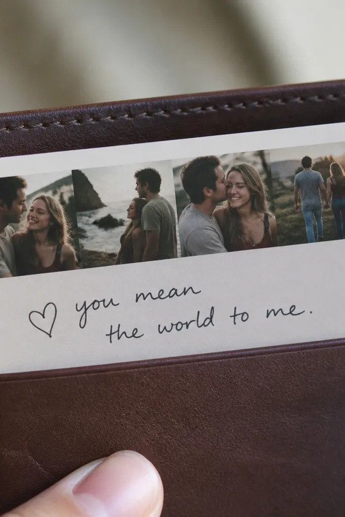 A slim wallet insert card with a clear laminated finish. It shows a narrow photo strip across the top and a short handwritten message. The edges are crisp and the card fits inside a standard wallet slot.