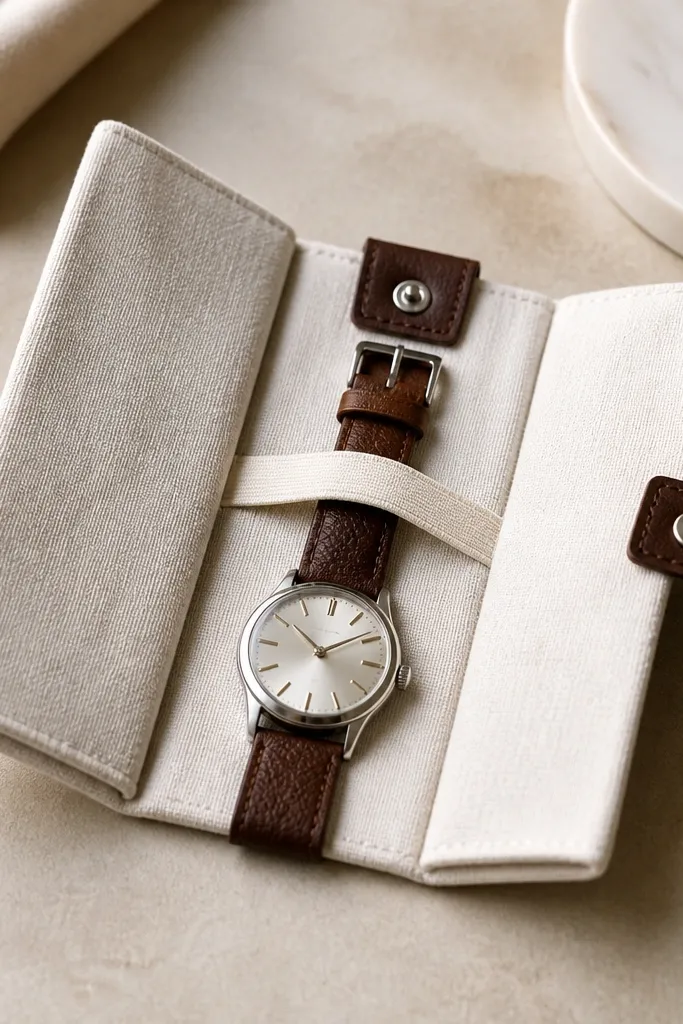 A folded watch wrap made from off-white linen with dark brown faux leather tabs. A watch sits in the center with a strap looped through a small elastic band. The fold closes with a snap.