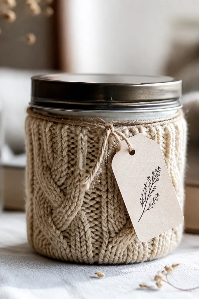 A reused candle jar wrapped with a soft knit fabric sleeve in oatmeal color. A small label with black ink is attached with twine. The jar has a clean pour line and a simple lid.
