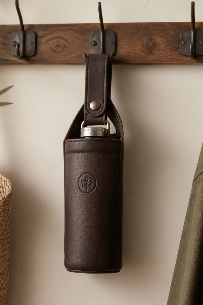 A bottle holder made from dark brown leather-look fabric with a stitched snap strap. A small stamped-style monogram sits centered on the front. The holder hangs from a hook on a wall organizer.