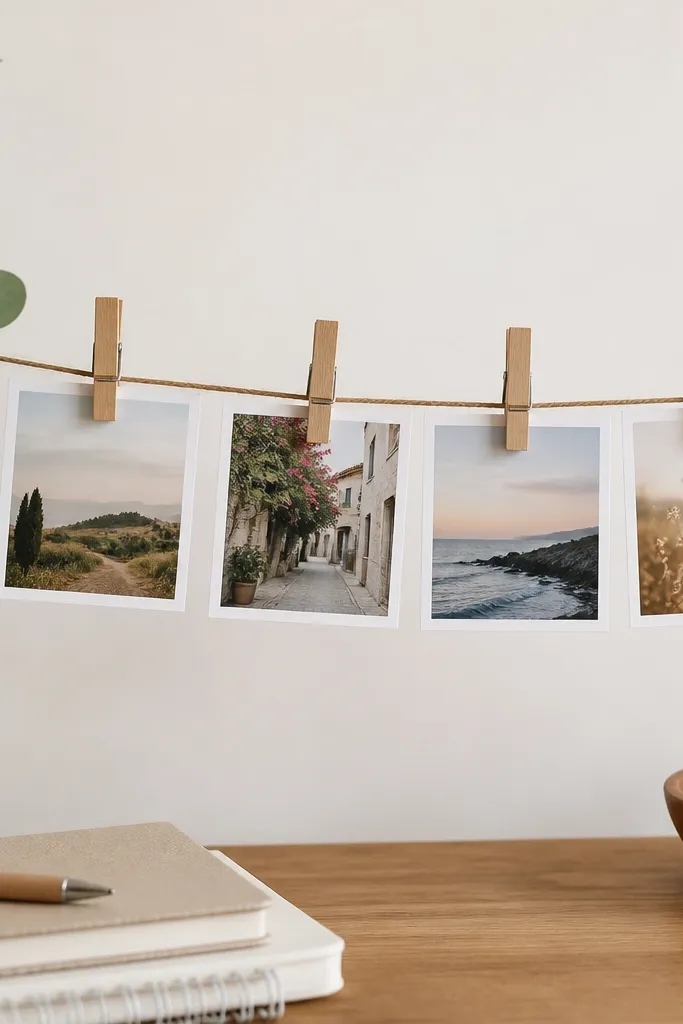 A small string banner across a desk with three real wooden clothespins in natural wood. Four mini photos are clipped in a neat row. The backdrop is a plain off-white wall.