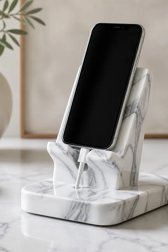 A phone stand with a smooth marble-look surface in white and gray swirls. A shallow channel on the back guides a charging cable. The base is thick and glossy.