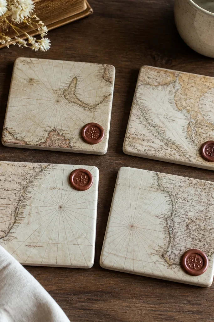 Four square coasters with a vintage map-like print background. A small wax seal stamp impression sits in the corner of each. The top has a slightly glossy finish.