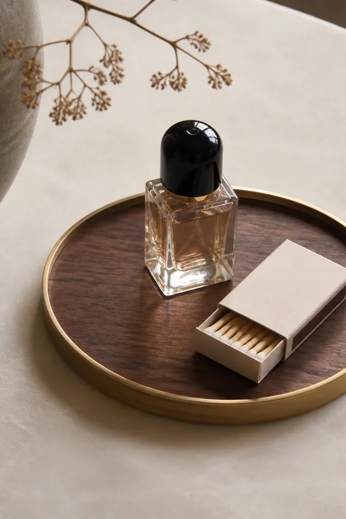 A small round or oval tray with a dark walnut stain. The rim has thin brass edge tape. A mini perfume bottle and a small matchbox sit neatly on top.