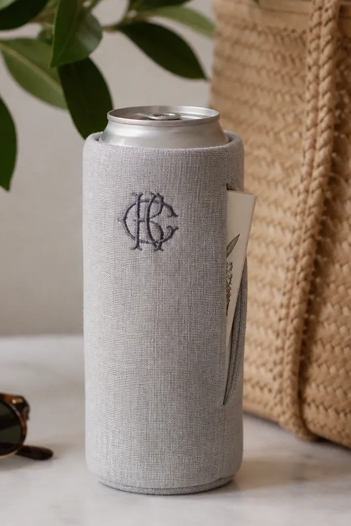 A tall linen beer koozie in light gray with a dark monogram stitched near the top. A small hidden pocket seam runs on the side, holding a slim folded note.