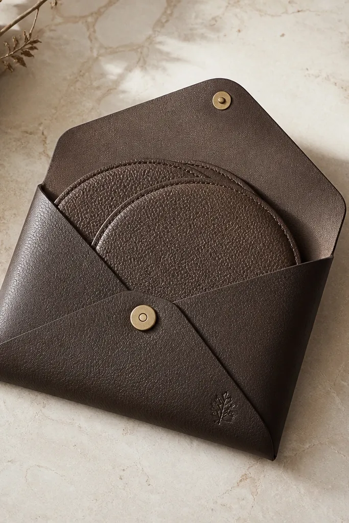 A leather-look sleeve folded like an envelope with two circular coaster pads visible inside. The sleeve has a magnetic closure and a small stamped emblem on the front.