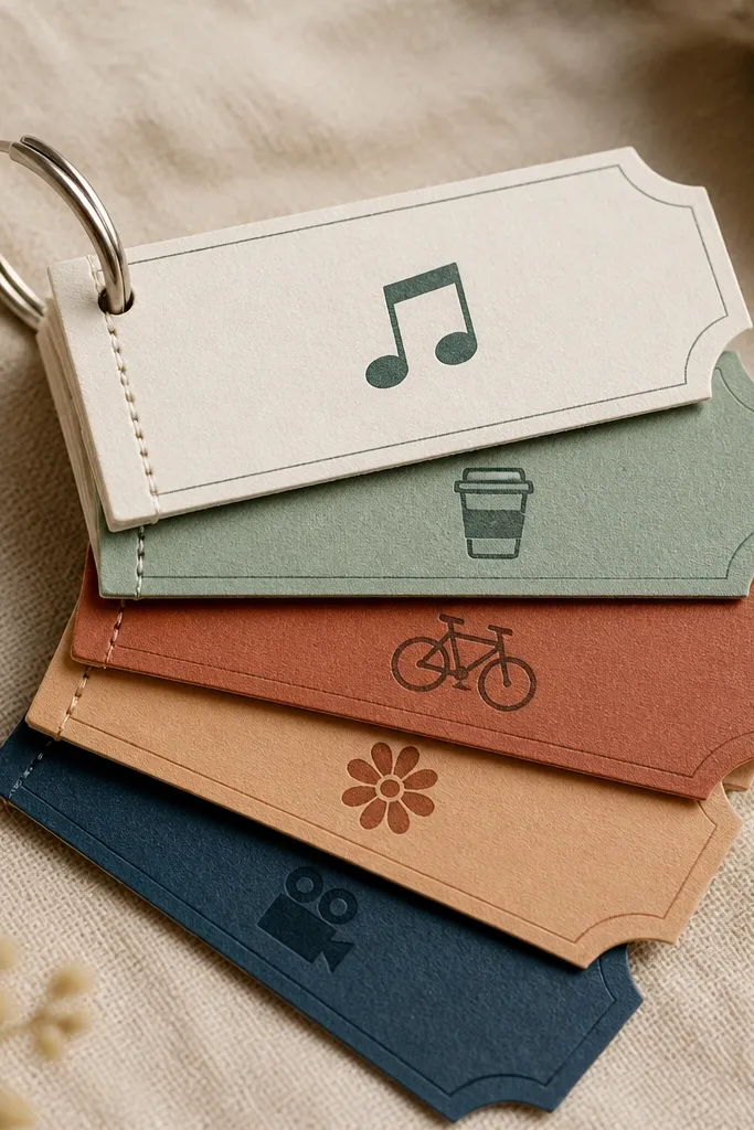 A small ticket-style booklet made from heavy cardstock. Each page has a different printed coupon like "Pick the playlist" and "Coffee stop," with a stitched spine and metal ring.