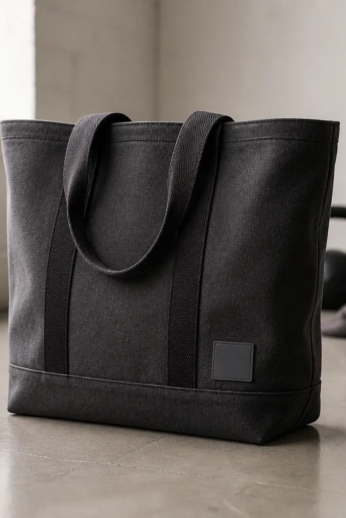 A canvas gym tote in olive or charcoal with a single heat-set vinyl patch near the bottom corner. The tote has sturdy webbing handles and a clean boxed seam at the base.