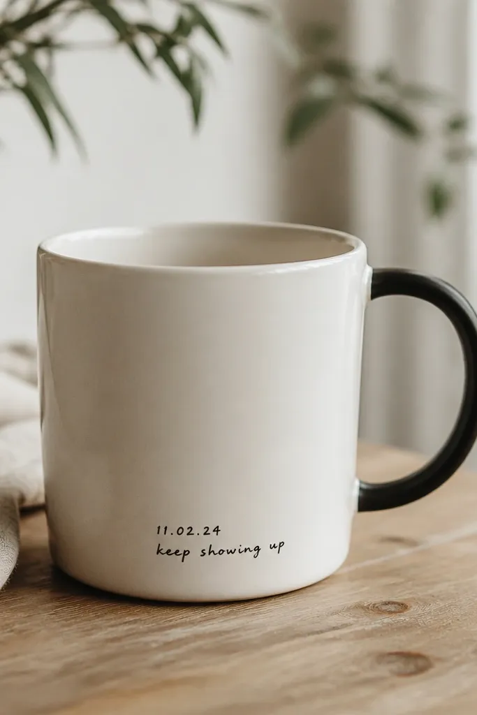A plain white ceramic mug with a dark handle. A small handwritten date and a short phrase are painted near the base. The paint looks sealed and clean, not streaky.