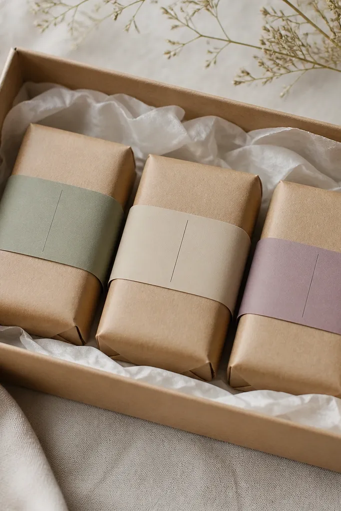A set of three small soap bars wrapped in thick kraft paper. Each bar has a simple band label with a date and scent name. The bars sit in a shallow cardboard box with tissue paper.