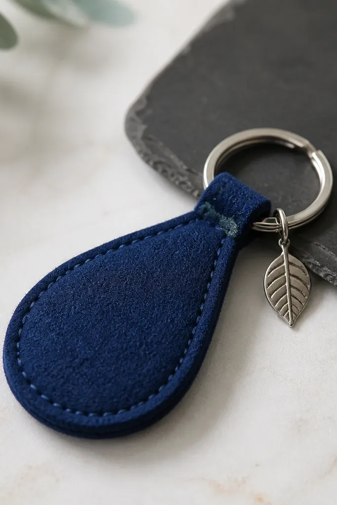A felt keychain in deep blue with a stitched border. The back is leather-look black vinyl. A small metal charm hangs from a split ring, and a short strip of matching felt wraps the ring.
