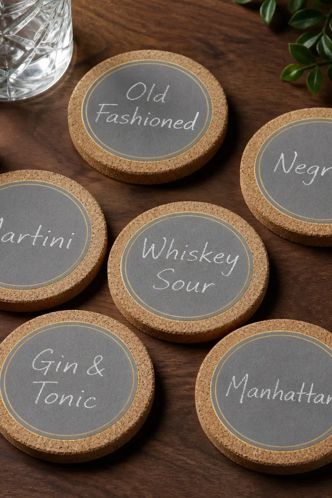 A set of six coasters made from thick cork with a light gray chalk-style label in a slightly messy hand. Each coaster has a different drink name like 'Old Fashioned' and 'Negroni' written in white, with a thin gold line border. The coasters sit on a dark walnut surface, showing the cork texture and the crisp edges of the labels.