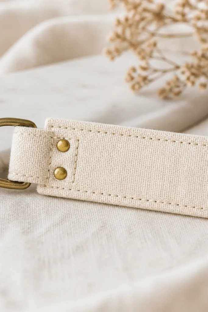 A handmade key fob made from thick cream linen with a neat rectangular shape, brass D-ring and small rivet details on one end, and a short strap loop. The edges look sealed and smooth, with a small stitched border around the perimeter.