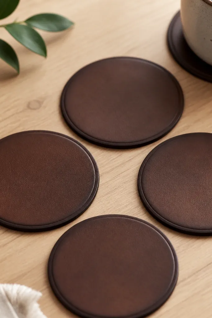 Four round leather coasters in deep chocolate brown, each with a slightly darker burnished edge, laid on a light wood table. The surface has a subtle matte finish and clean, even circles.