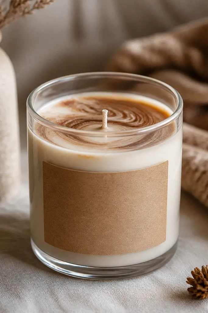 A clear glass candle jar with a marbled wax top in warm cream and cocoa-brown swirls. The label is centered on a kraft paper rectangle with neat black text, and the wick is centered.