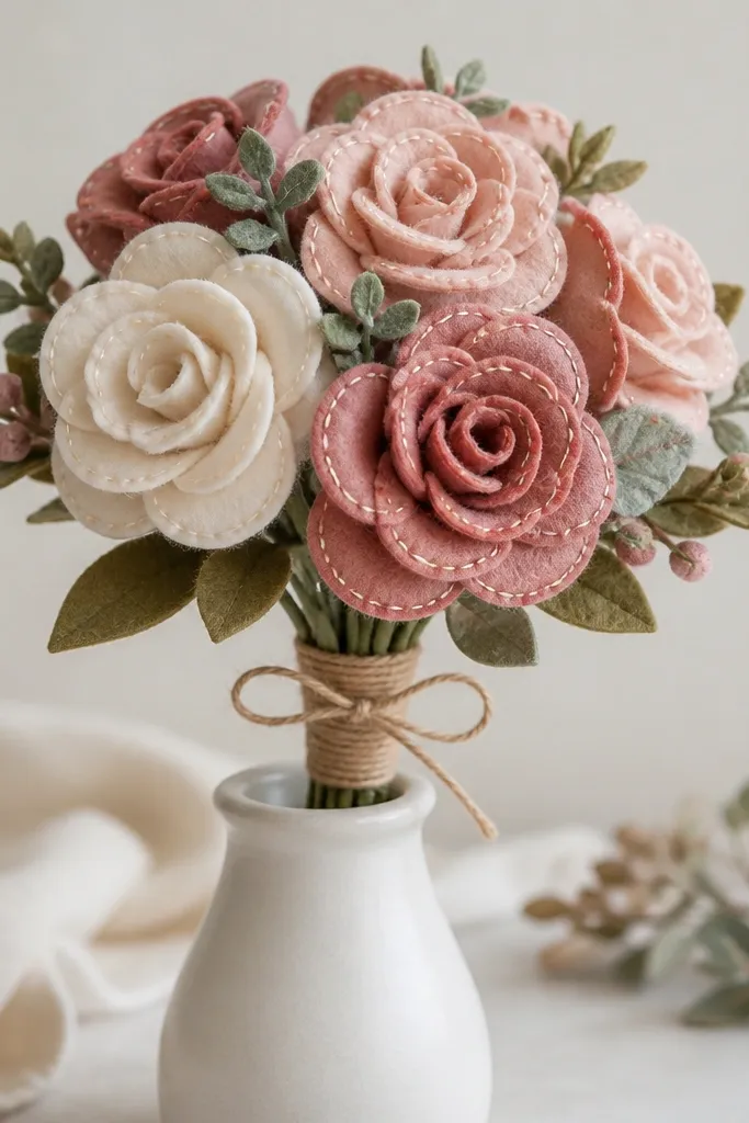 A bouquet of felt roses in blush pink, dusty rose, and cream, tied with twine around a small wrapped stem. The petals look layered with visible stitching, and the arrangement sits in a simple ceramic vase.