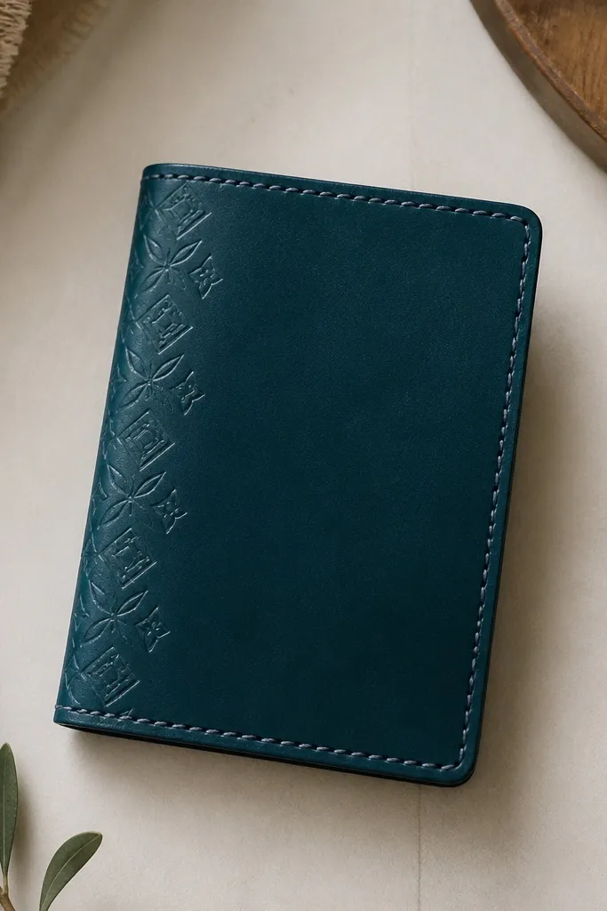 A slim passport-style cover in deep teal leather with a subtle embossed pattern on the front, hand-stitched with waxed thread along the edges, and a stitched card slot inside.