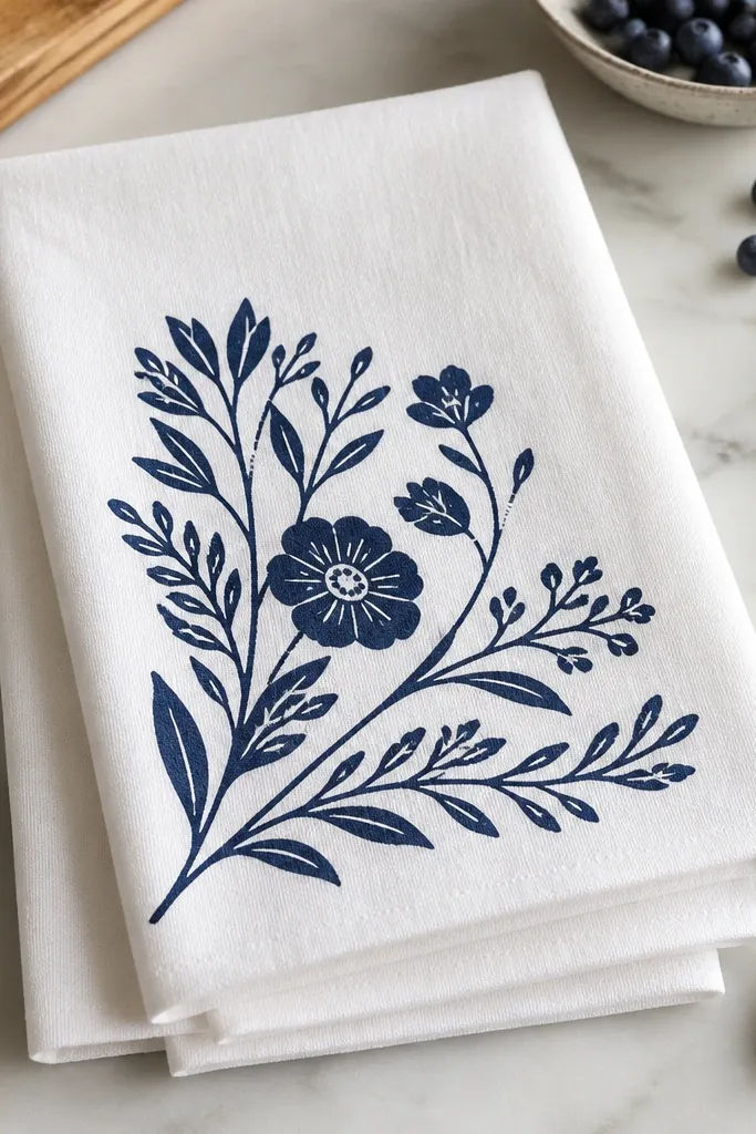A white cotton tea towel with a single-color screen-printed design in deep navy on the corner, plus a small fringe tie tag in coordinating navy. The towel is folded neatly with the design centered.