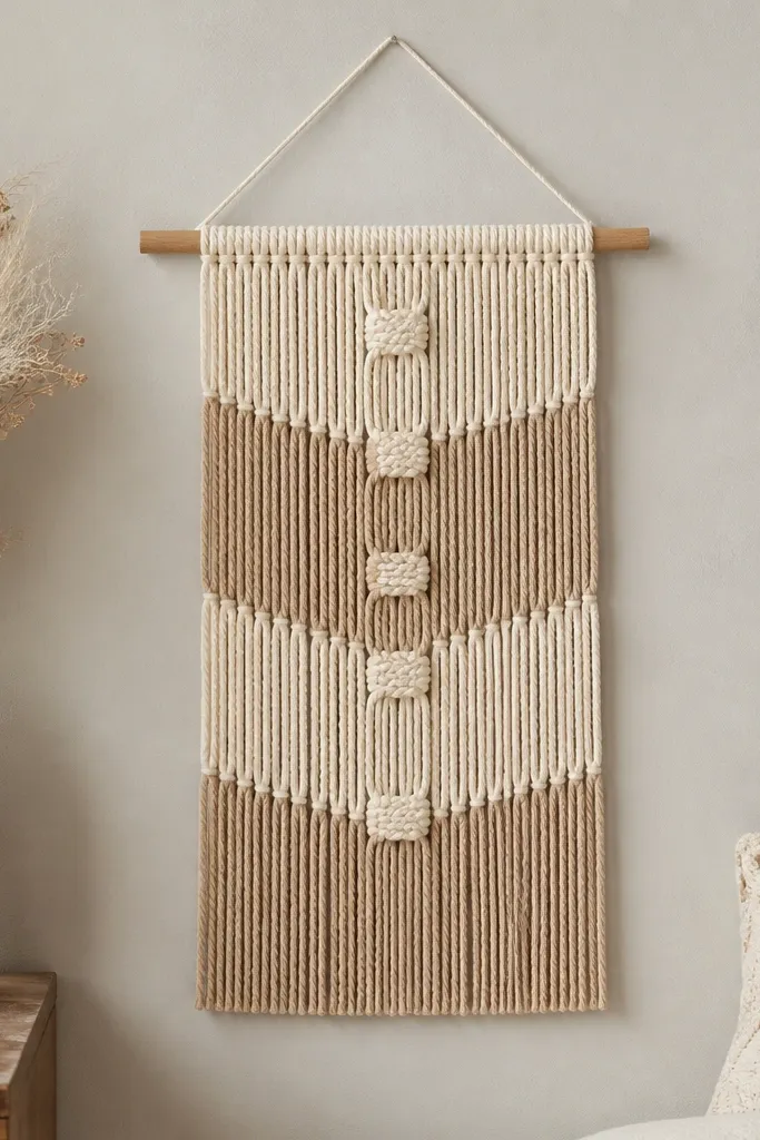 A small wall hanging with a wooden dowel at the top, two-tone rope strands (cream and oat) arranged in alternating sections, and neat square knots down the center. The bottom fringe is even and straight.