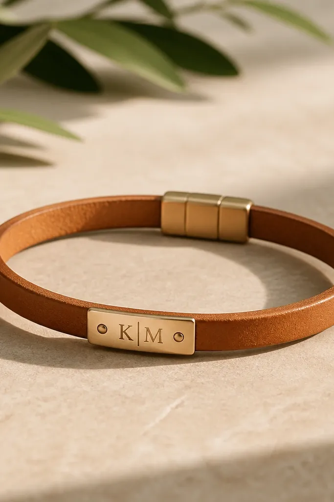 A narrow leather bracelet in warm tan with a small stamped monogram on a metal plate, and a clean magnetic clasp at the back. The bracelet looks slim, with smooth leather edges.