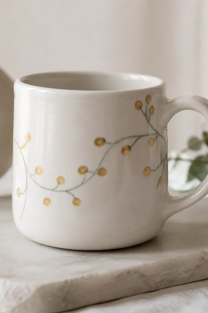 A white ceramic mug with a hand-painted design of small gold dots and a thin branch line in muted green near the handle. The paint has a glossy finish and the pattern wraps slightly around the mug.