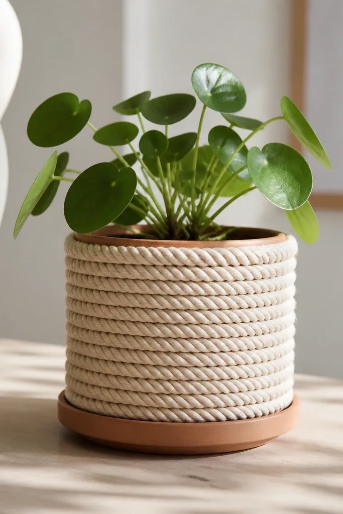 A small terracotta or ceramic planter wrapped in thick candlewick rope, with a neat rope coil pattern and a small saucer tray underneath. The rope looks clean and evenly spaced.
