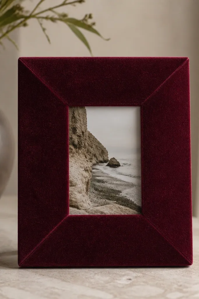 A simple wooden photo frame covered in deep burgundy velvet ribbon with crisp mitered corners. A small photo sits centered, and the backing has a clean, tight fit.