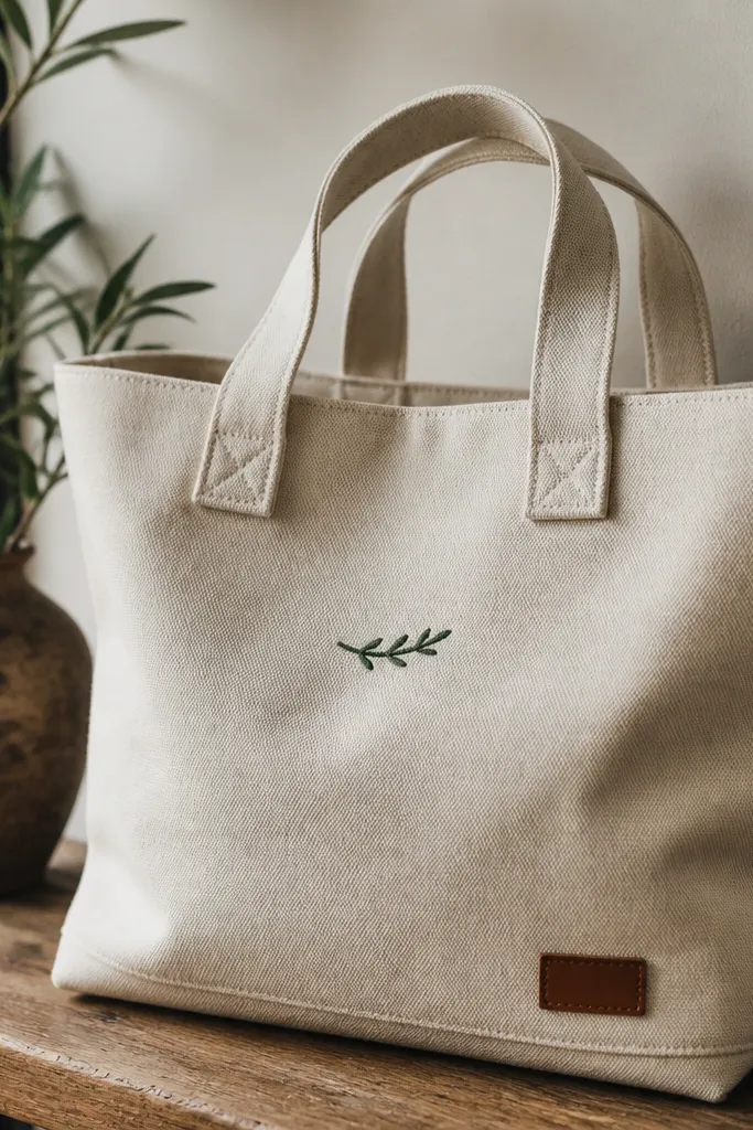 A sturdy canvas tote in natural beige with a small embroidered word in dark green on the front, plus a small brown leather patch sewn at the bottom corner. The stitches are even and the handles are reinforced.