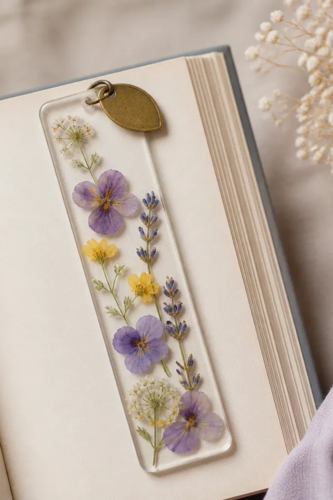 A clear resin bookmark containing tiny pressed flowers in soft lavender and pale yellow, with a small brass corner tag attached. The bookmark edges are smooth and the flowers are sealed under glossy resin.
