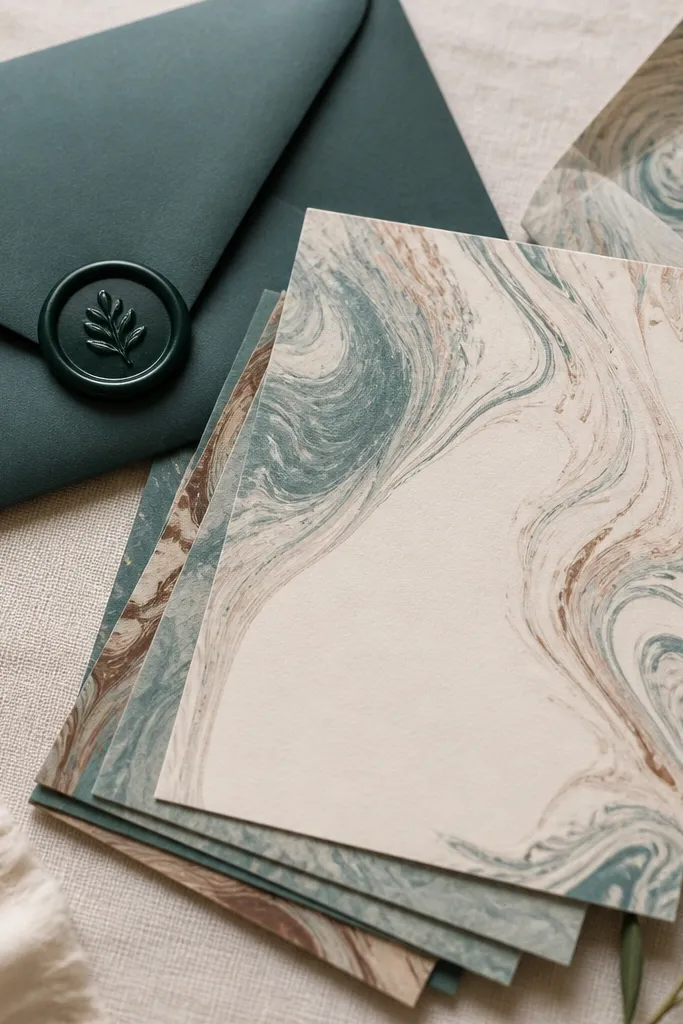 A small stack of marbled stationery cards in cream, muted teal, and soft brown, with a matching envelope. A wax seal sits on a sample envelope flap in dark green with a simple symbol.
