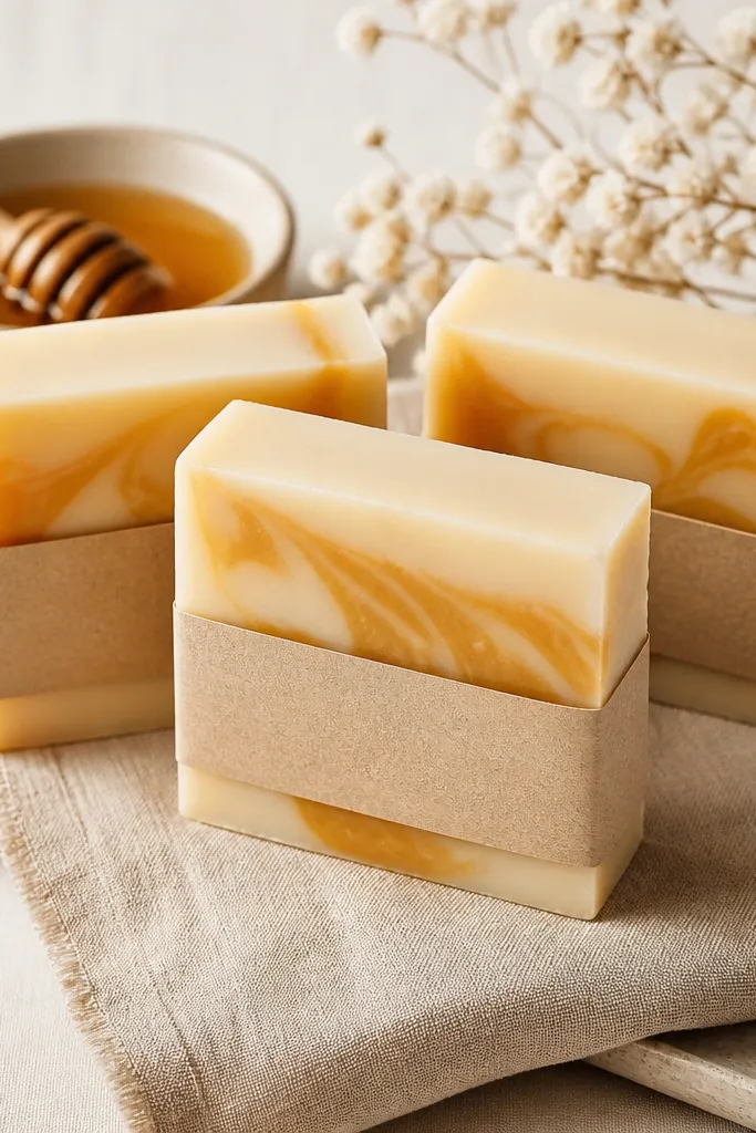 Three rectangular soap bars in warm cream with a honey-gold swirl running through the center. The bars have clean edges and a smooth glossy top, with a simple kraft paper label.