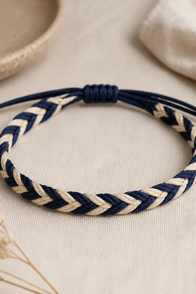 A woven bracelet in two colors, cream and deep navy, with a smooth braided pattern and a sliding knot closure at one end. The bracelet sits flat and the threads look tight.