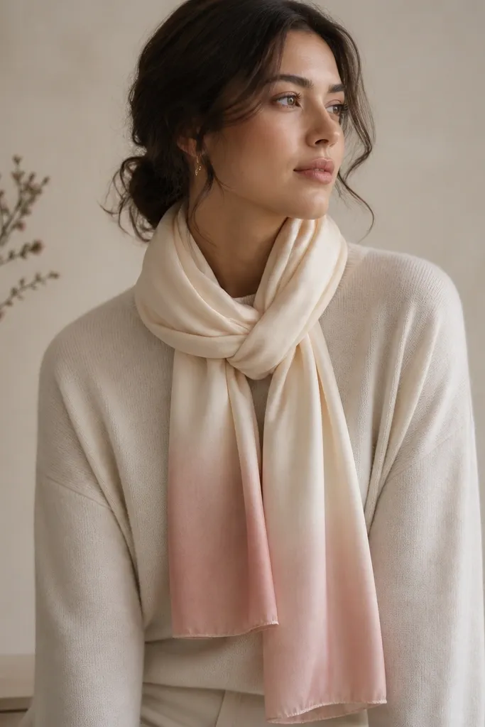 A long scarf with hand-dyed ombre ends in soft blush fading into warm cream. The fabric looks smooth and drapes well, and the scarf is styled in a simple knot with one end tucked.
