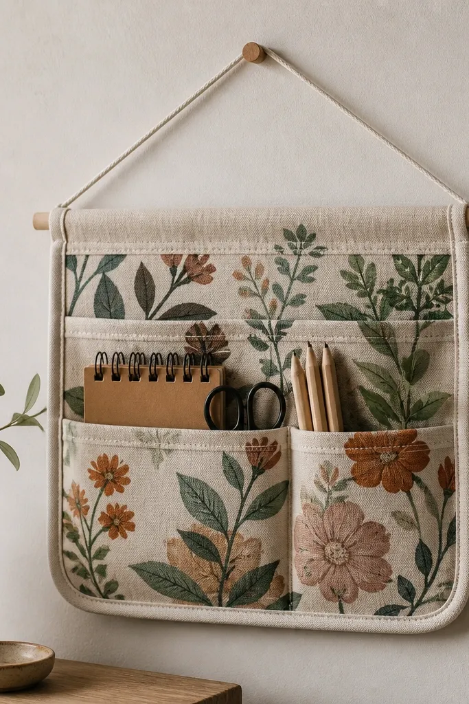A wall pocket made from thick patterned fabric with a top seam and small pockets sewn in. The edges are bound neatly, and it's hung on a small dowel or hook with clean stitching.
