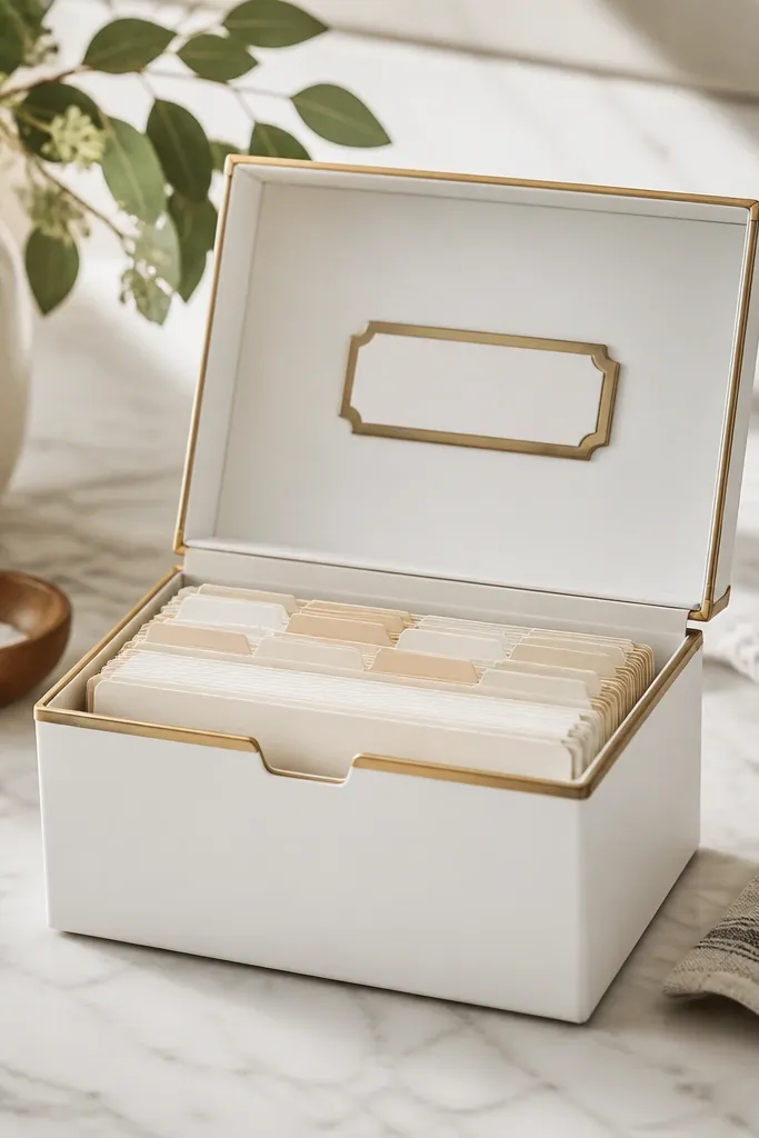 A small recipe card box in matte white with bronze edge trimming on the corners and along the top. The lid has a centered label, and the cards inside look neatly organized.