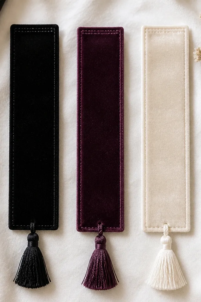 A set of three velvet bookmarks in black, deep plum, and cream, each with a stitched top and small embroidered tassels in matching thread. The fabric is plush and the tassels hang evenly.